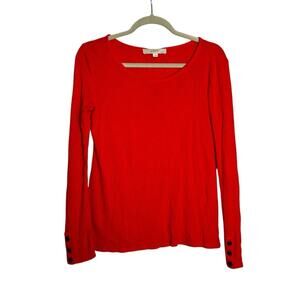 Loft Red Micro Rib Crew Neck Long Button Sleeve Blouse Shirt Size Small